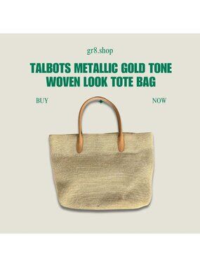 Talbots Metallic Gold-Tone Woven Tote Bag With Tan Faux-Leather Handles